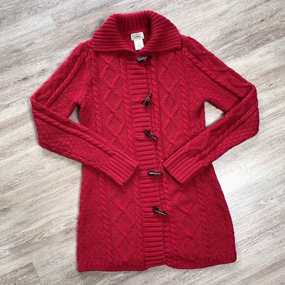 LL BEAN Wool Toggle Button Cable Knit Collared Cardigan - Picture 1 of 6
